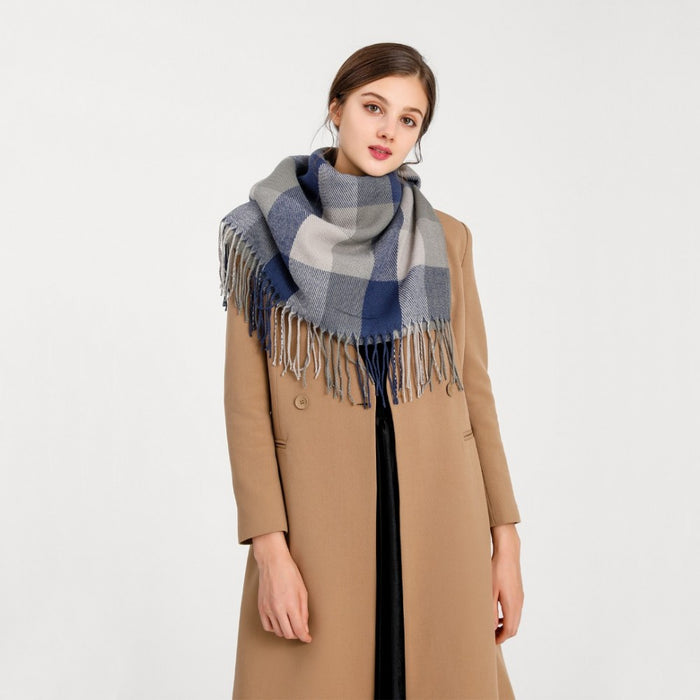 Women Fashion Long Shawl Grid Tassel Winter Warm Lattice Large Scarf – Grey