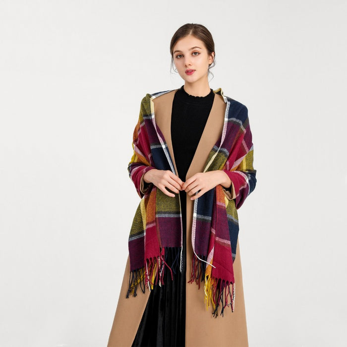 Women Fashion Long Shawl Grid Tassel Winter Warm Lattice Large Scarf – Purple