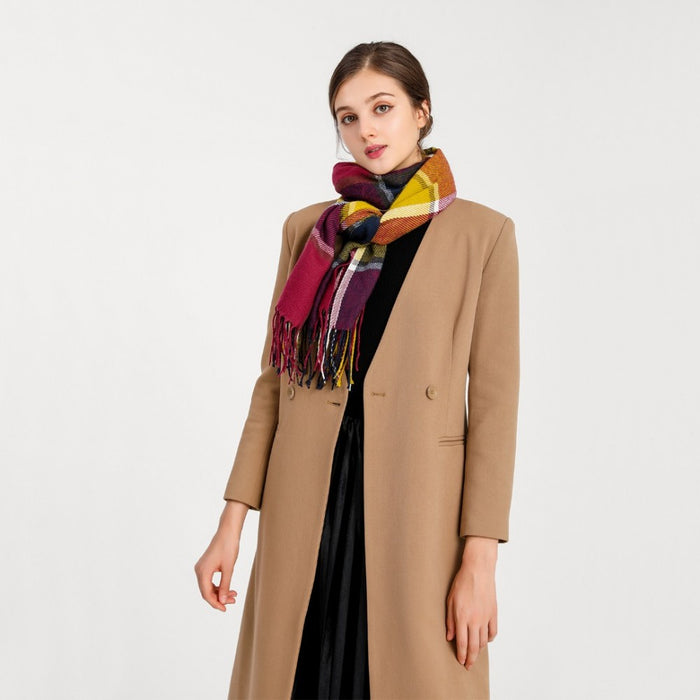 Women Fashion Long Shawl Grid Tassel Winter Warm Lattice Large Scarf – Purple