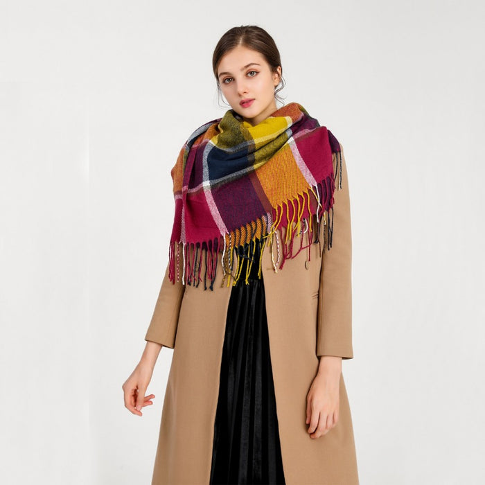 Women Fashion Long Shawl Grid Tassel Winter Warm Lattice Large Scarf – Purple