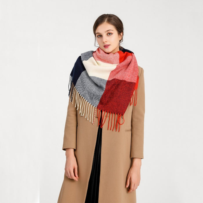 Women Fashion Long Shawl Grid Tassel Winter Warm Lattice Large Scarf – Red