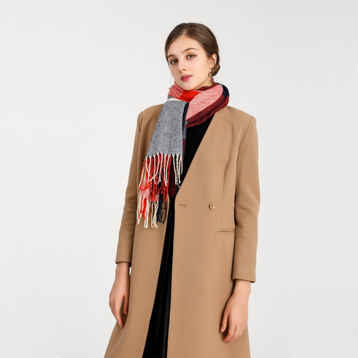 Women Fashion Long Shawl Grid Tassel Winter Warm Lattice Large Scarf – Red