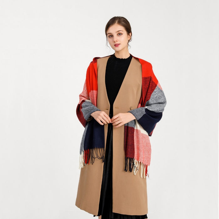 Women Fashion Long Shawl Grid Tassel Winter Warm Lattice Large Scarf – Red