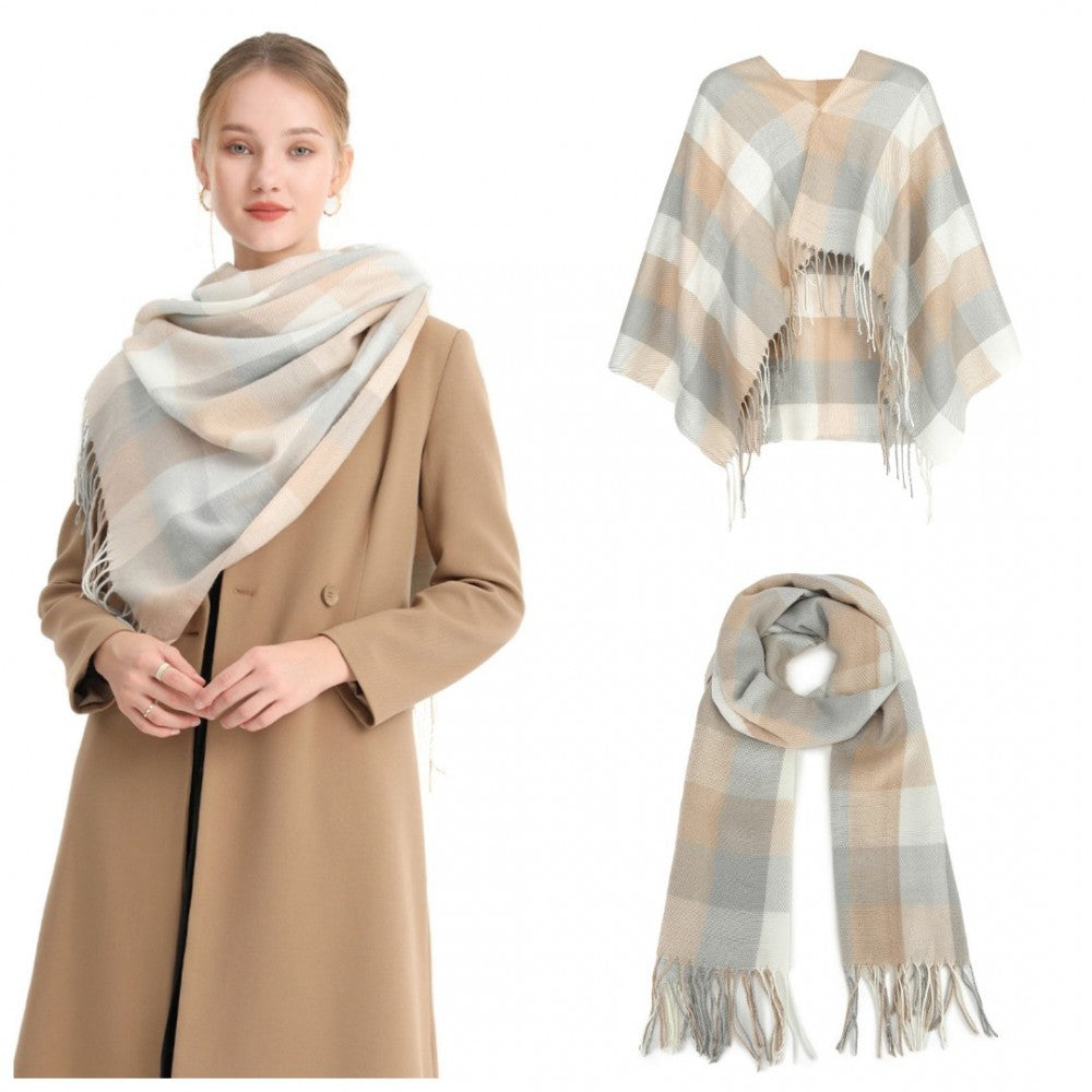 Acrylic Fashion Women's Long Shawl Grid Tassel Winter Warm Oversized Scarf – Beige
