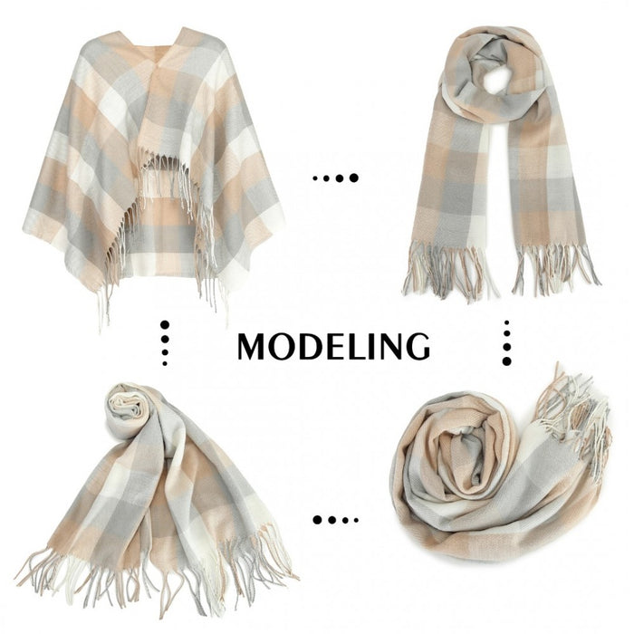 Acrylic Fashion Women's Long Shawl Grid Tassel Winter Warm Oversized Scarf – Beige