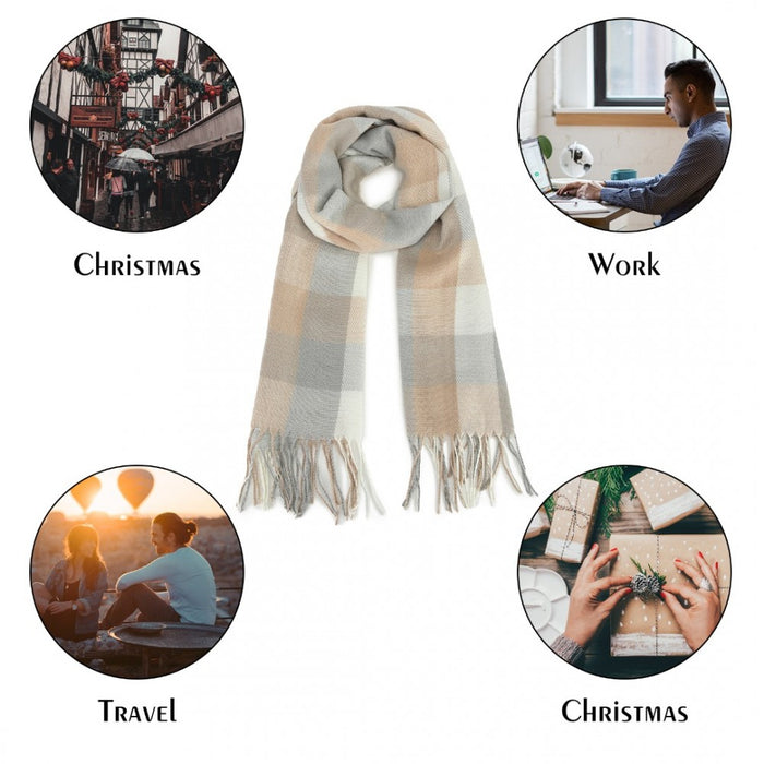 Acrylic Fashion Women's Long Shawl Grid Tassel Winter Warm Oversized Scarf – Beige