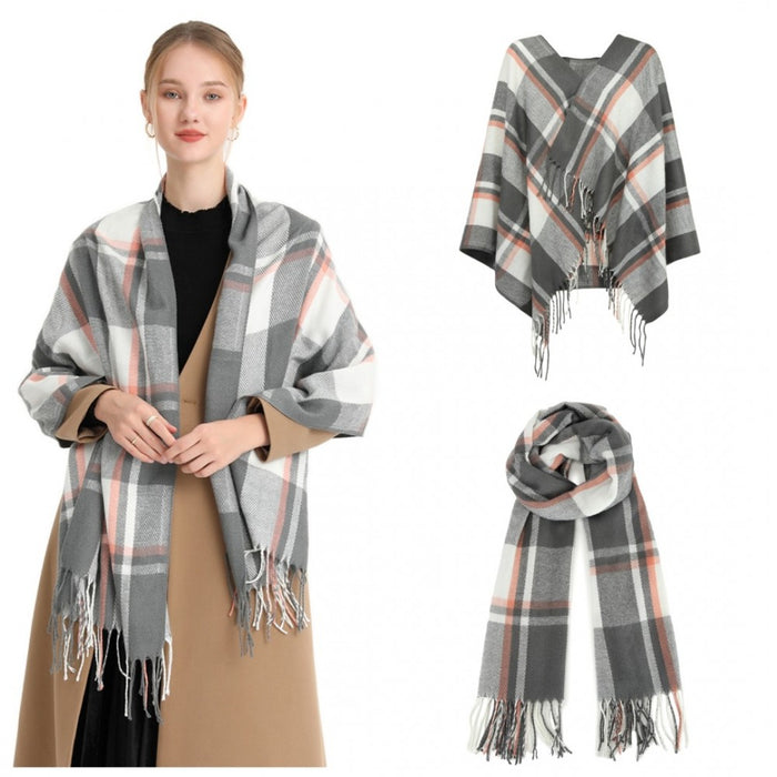 Acrylic Fashion Women's Long Shawl Grid Tassel Winter Warm Oversized Scarf – Grey