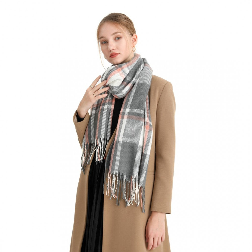 Acrylic Fashion Women's Long Shawl Grid Tassel Winter Warm Oversized Scarf – Grey