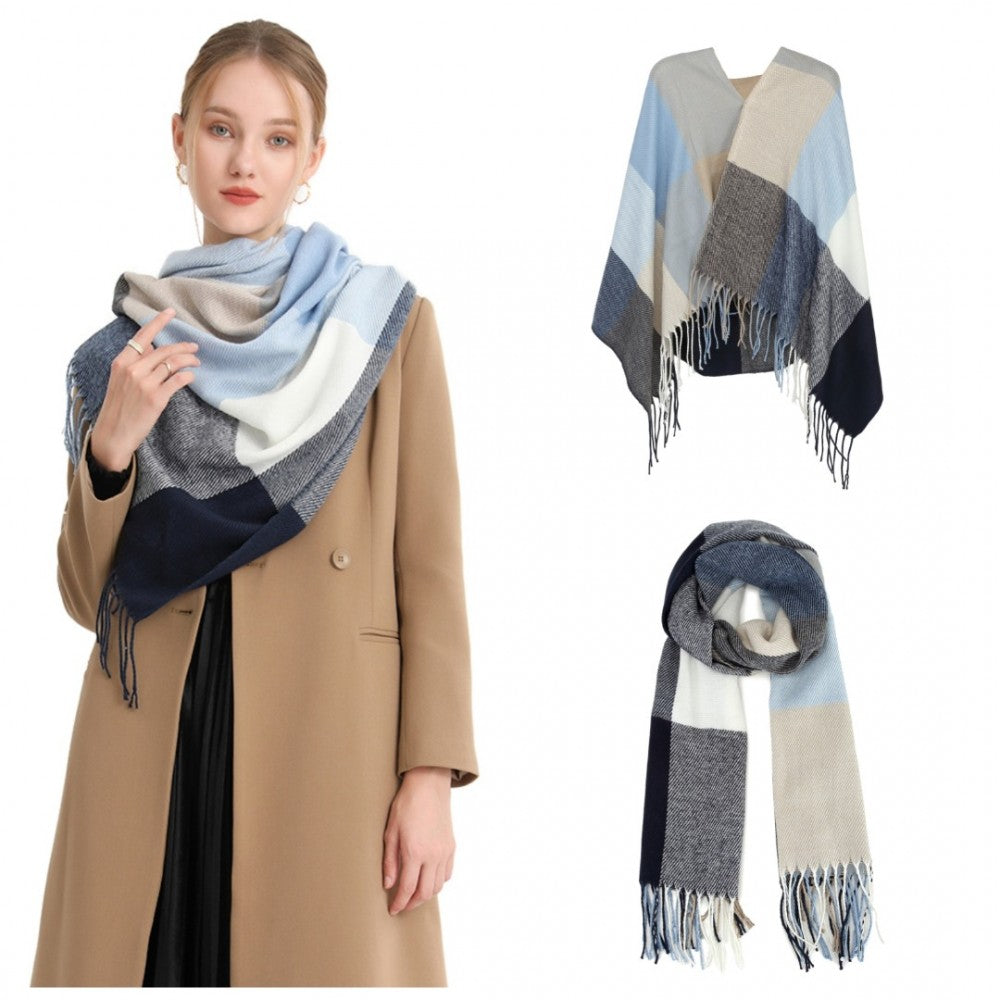Acrylic Fashion Women's Long Shawl Grid Tassel Winter Warm Oversized Scarf – Navy