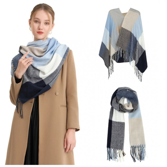 Acrylic Fashion Women's Long Shawl Grid Tassel Winter Warm Oversized Scarf – Navy