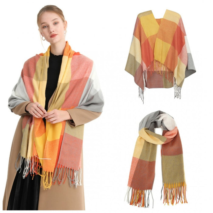 Acrylic Fashion Women's Long Shawl Grid Tassel Winter Warm Oversized Scarf – Orange