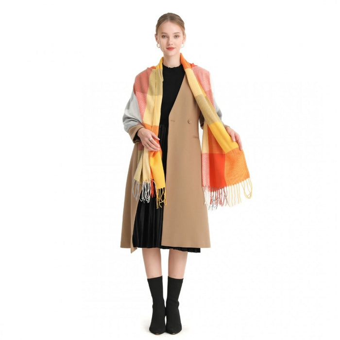 Acrylic Fashion Women's Long Shawl Grid Tassel Winter Warm Oversized Scarf – Orange