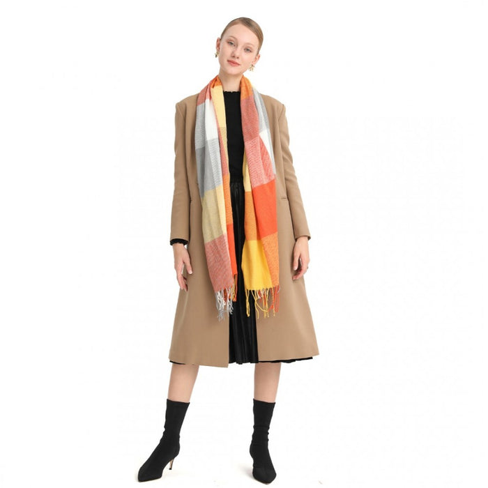Acrylic Fashion Women's Long Shawl Grid Tassel Winter Warm Oversized Scarf – Orange
