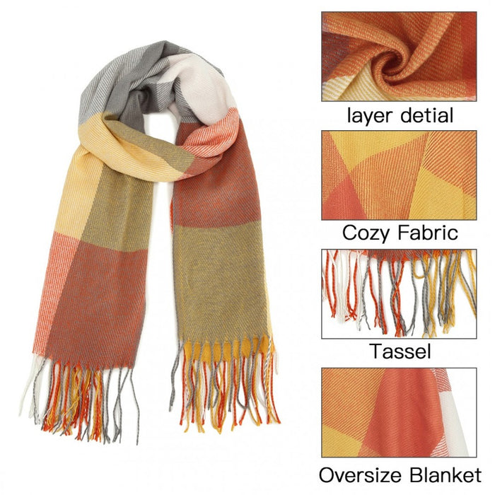 Acrylic Fashion Women's Long Shawl Grid Tassel Winter Warm Oversized Scarf – Orange