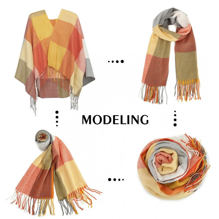 Acrylic Fashion Women's Long Shawl Grid Tassel Winter Warm Oversized Scarf – Orange