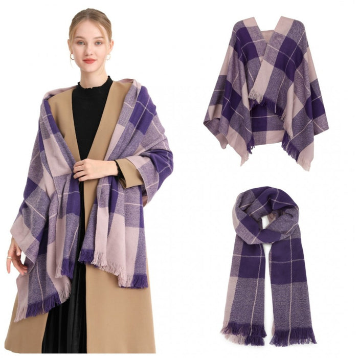 Acrylic Fashion Women's Long Shawl Grid Tassel Winter Warm Oversized Scarf – Purple
