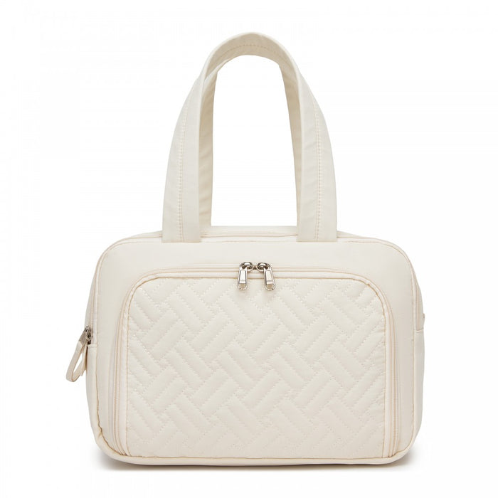 Travel Quilted Toiletry Bag – Water-Resistant, Wet/Dry Pocket, Large 180° Opening – Beige