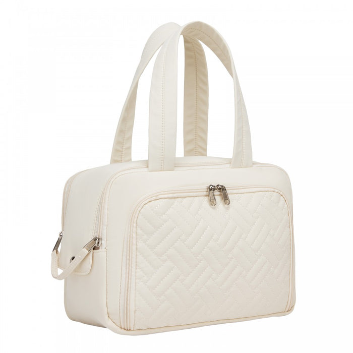 Travel Quilted Toiletry Bag – Water-Resistant, Wet/Dry Pocket, Large 180° Opening – Beige