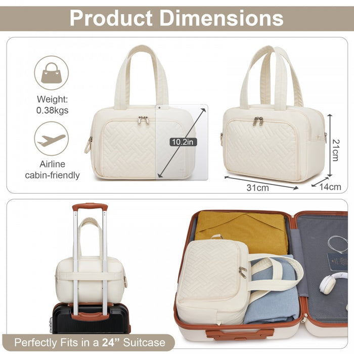 Travel Quilted Toiletry Bag – Water-Resistant, Wet/Dry Pocket, Large 180° Opening – Beige