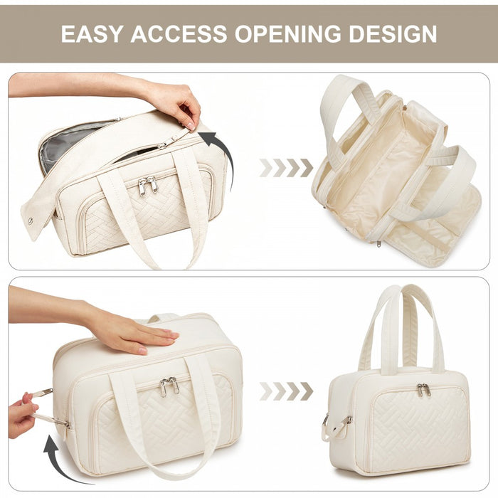 Travel Quilted Toiletry Bag – Water-Resistant, Wet/Dry Pocket, Large 180° Opening – Beige