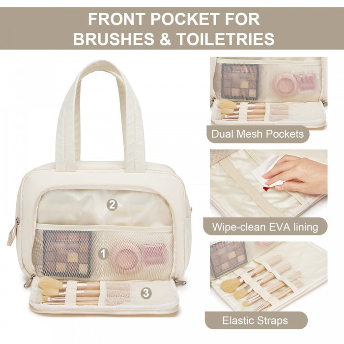 Travel Quilted Toiletry Bag – Water-Resistant, Wet/Dry Pocket, Large 180° Opening – Beige
