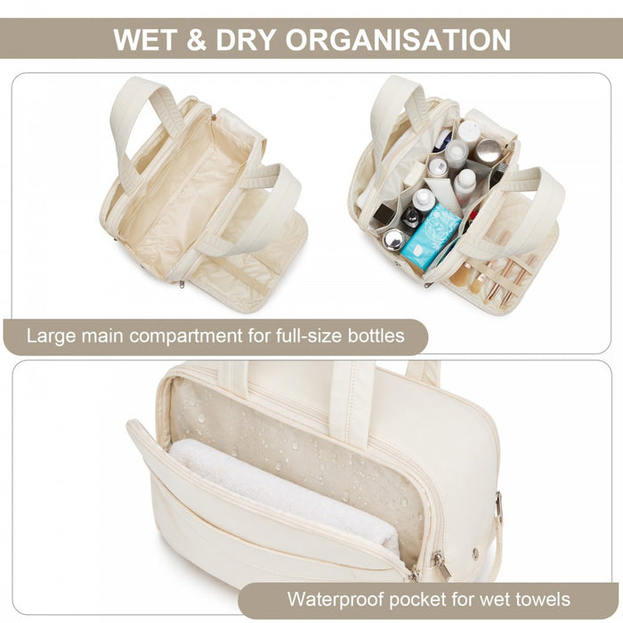 Travel Quilted Toiletry Bag – Water-Resistant, Wet/Dry Pocket, Large 180° Opening – Beige