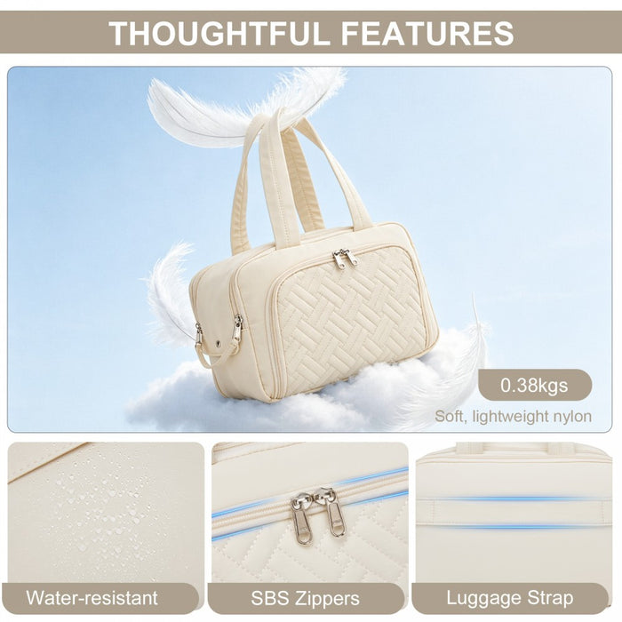 Travel Quilted Toiletry Bag – Water-Resistant, Wet/Dry Pocket, Large 180° Opening – Beige