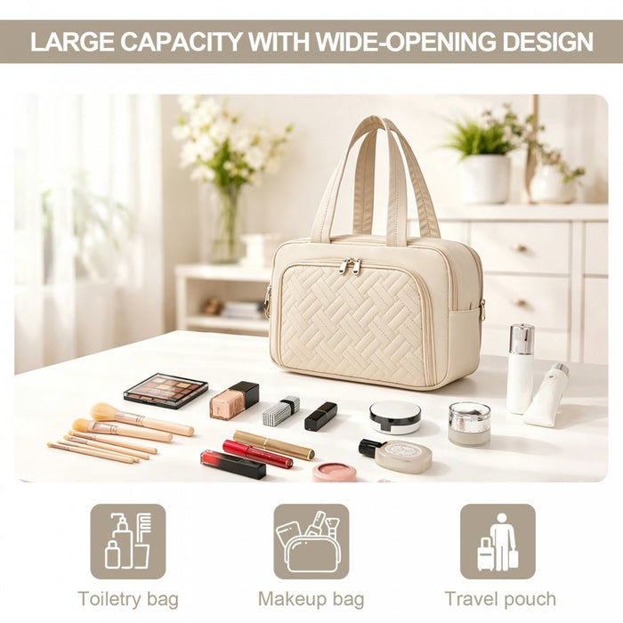 Travel Quilted Toiletry Bag – Water-Resistant, Wet/Dry Pocket, Large 180° Opening – Beige