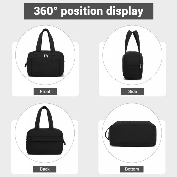 Travel Quilted Toiletry Bag – Water-Resistant, Wet/Dry Pocket, Large 180° Opening – Black