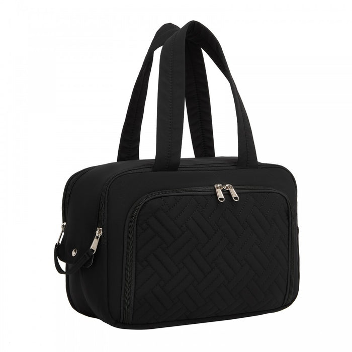 Travel Quilted Toiletry Bag – Water-Resistant, Wet/Dry Pocket, Large 180° Opening – Black