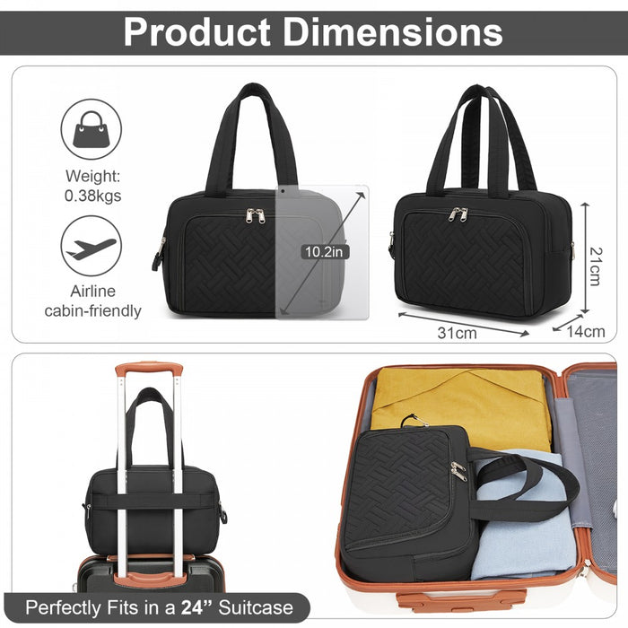Travel Quilted Toiletry Bag – Water-Resistant, Wet/Dry Pocket, Large 180° Opening – Black