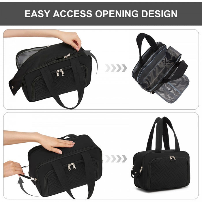 Travel Quilted Toiletry Bag – Water-Resistant, Wet/Dry Pocket, Large 180° Opening – Black