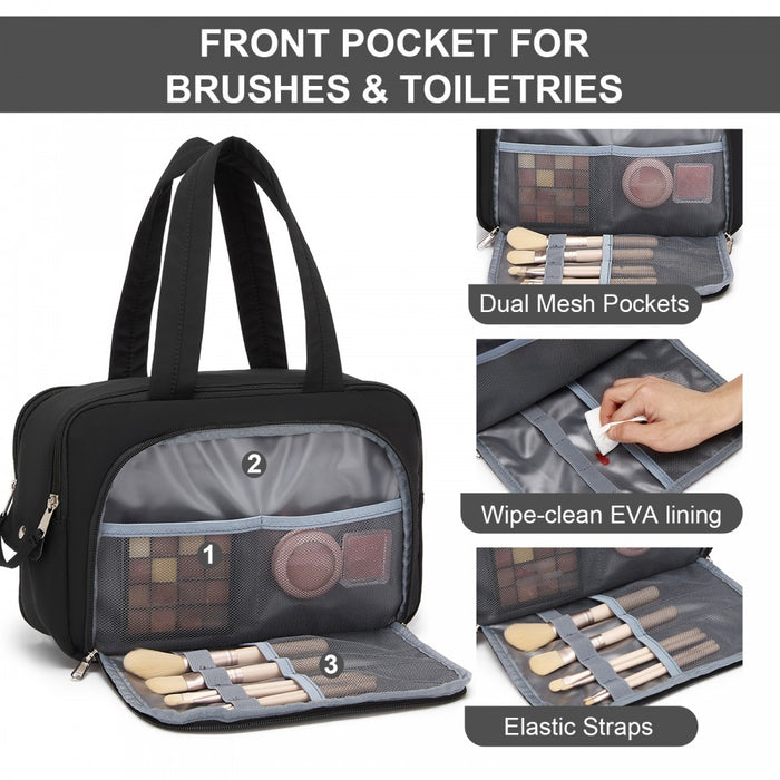 Travel Quilted Toiletry Bag – Water-Resistant, Wet/Dry Pocket, Large 180° Opening – Black