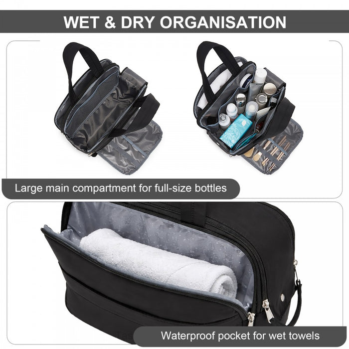 Travel Quilted Toiletry Bag – Water-Resistant, Wet/Dry Pocket, Large 180° Opening – Black
