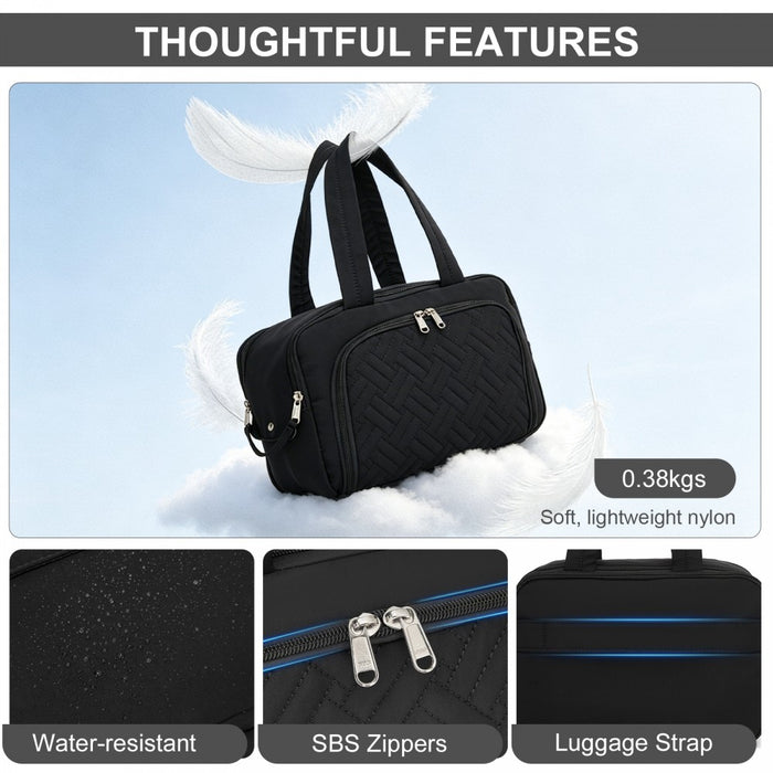 Travel Quilted Toiletry Bag – Water-Resistant, Wet/Dry Pocket, Large 180° Opening – Black