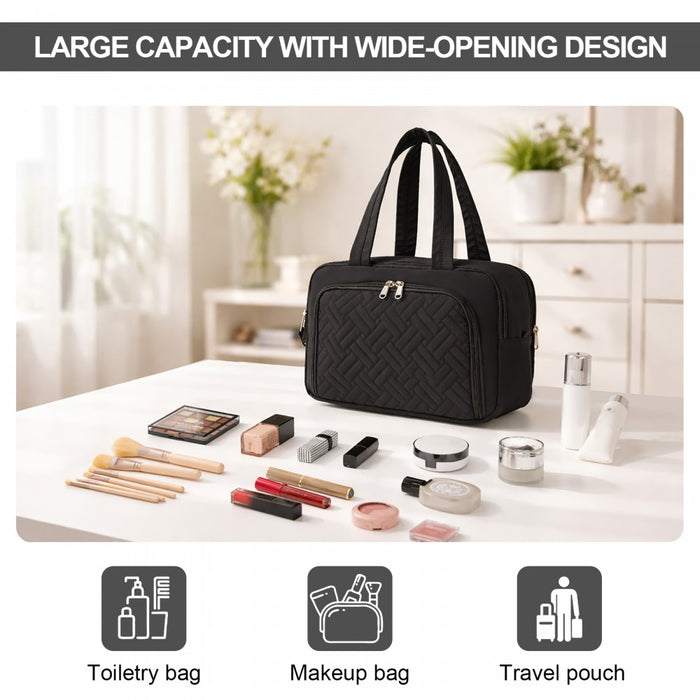 Travel Quilted Toiletry Bag – Water-Resistant, Wet/Dry Pocket, Large 180° Opening – Black