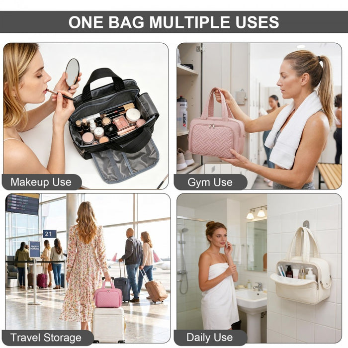 Travel Quilted Toiletry Bag – Water-Resistant, Wet/Dry Pocket, Large 180° Opening – Black
