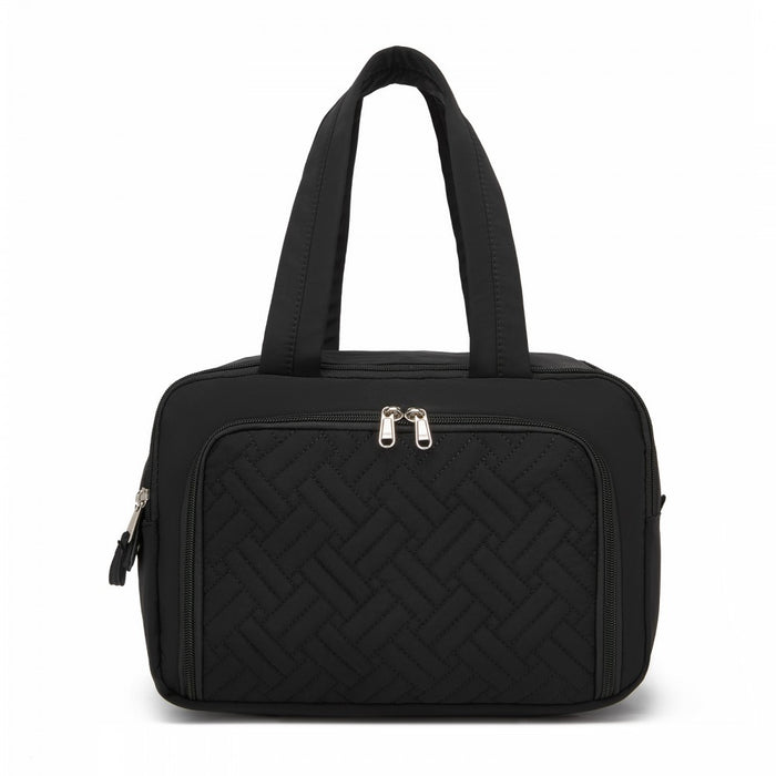 Travel Quilted Toiletry Bag – Water-Resistant, Wet/Dry Pocket, Large 180° Opening – Black