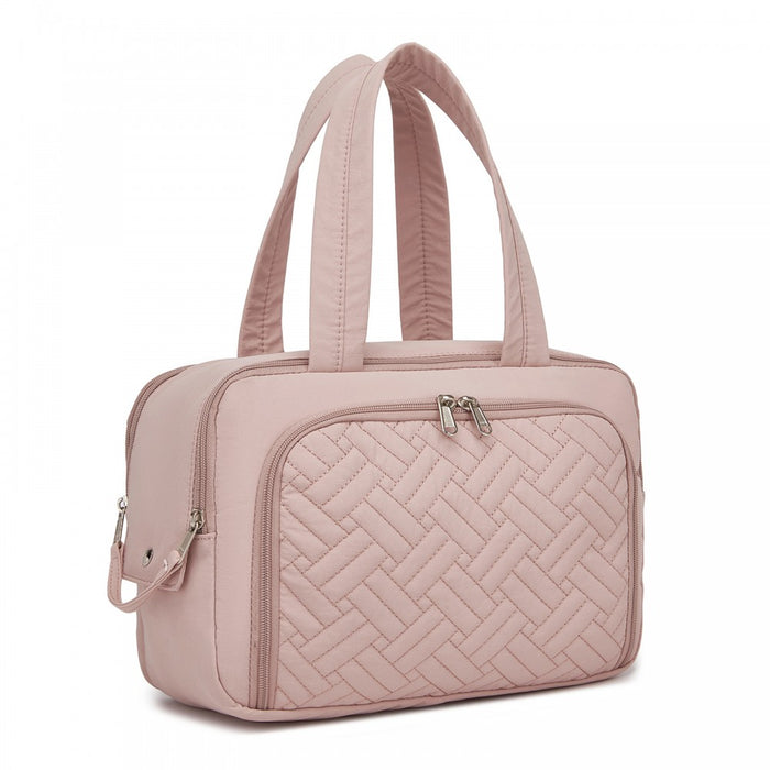 Travel Quilted Toiletry Bag – Water-Resistant, Wet/Dry Pocket, Large 180° Opening – Nude