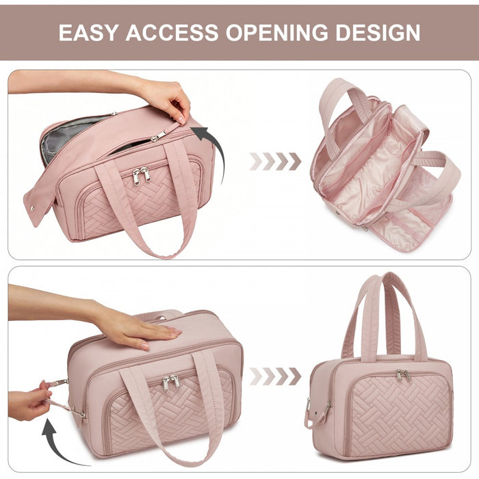 Travel Quilted Toiletry Bag – Water-Resistant, Wet/Dry Pocket, Large 180° Opening – Nude