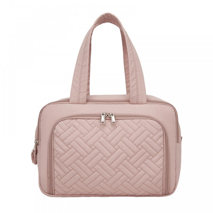 Travel Quilted Toiletry Bag – Water-Resistant, Wet/Dry Pocket, Large 180° Opening – Nude