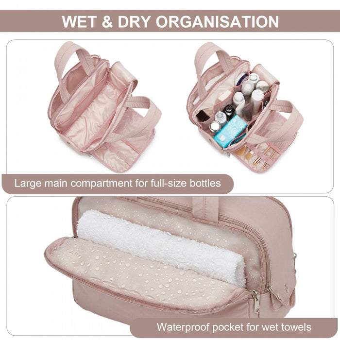 Travel Quilted Toiletry Bag – Water-Resistant, Wet/Dry Pocket, Large 180° Opening – Nude
