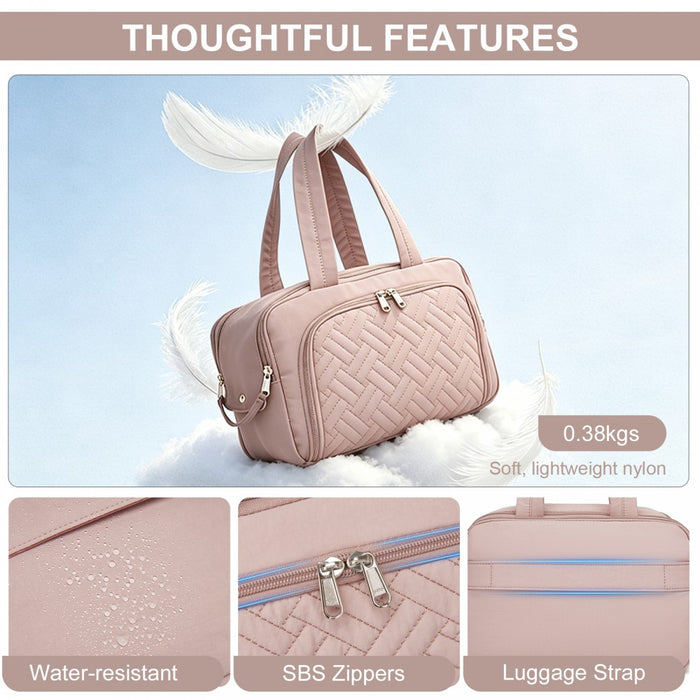 Travel Quilted Toiletry Bag – Water-Resistant, Wet/Dry Pocket, Large 180° Opening – Nude