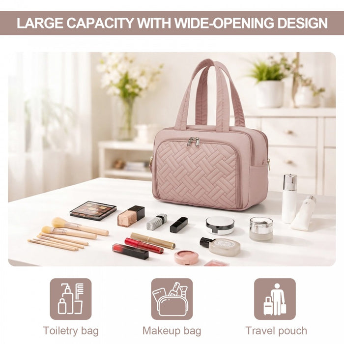 Travel Quilted Toiletry Bag – Water-Resistant, Wet/Dry Pocket, Large 180° Opening – Nude