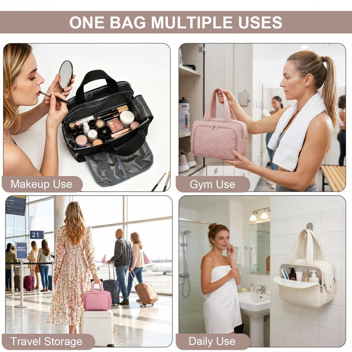 Travel Quilted Toiletry Bag – Water-Resistant, Wet/Dry Pocket, Large 180° Opening – Nude