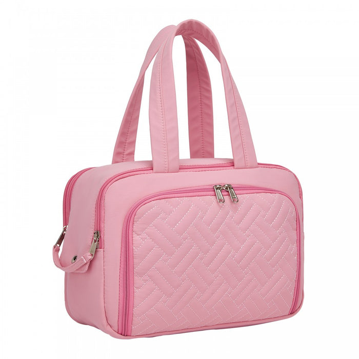 Travel Quilted Toiletry Bag – Water-Resistant, Wet/Dry Pocket, Large 180° Opening – Pink