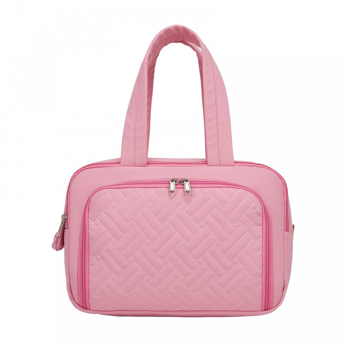 Travel Quilted Toiletry Bag – Water-Resistant, Wet/Dry Pocket, Large 180° Opening – Pink