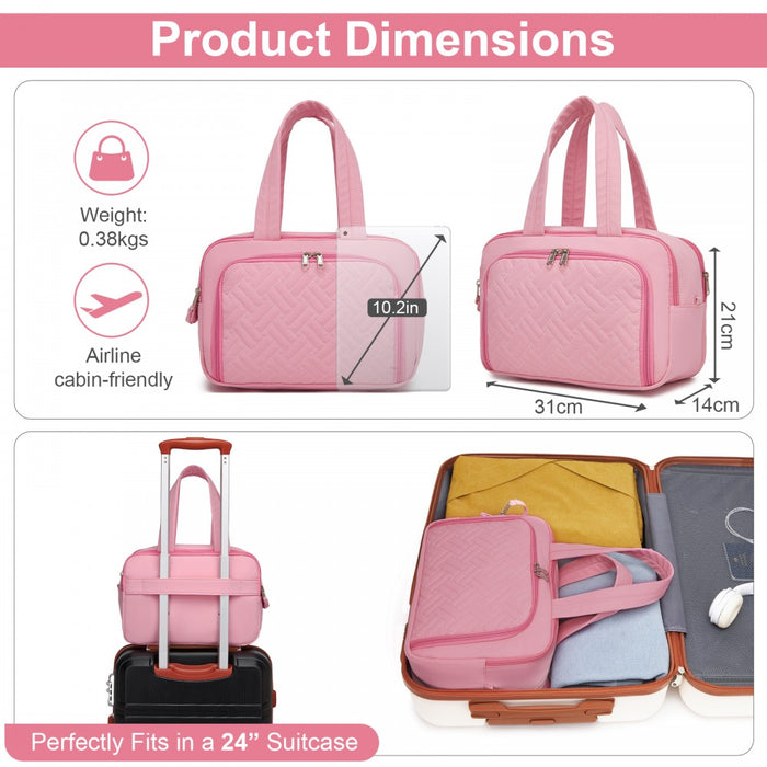 Travel Quilted Toiletry Bag – Water-Resistant, Wet/Dry Pocket, Large 180° Opening – Pink