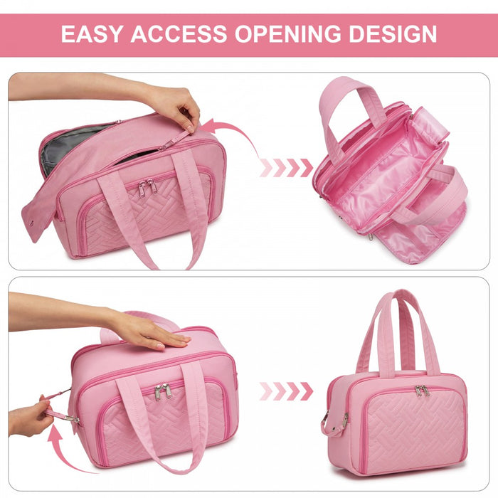 Travel Quilted Toiletry Bag – Water-Resistant, Wet/Dry Pocket, Large 180° Opening – Pink