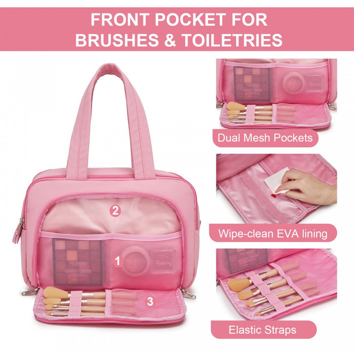 Travel Quilted Toiletry Bag – Water-Resistant, Wet/Dry Pocket, Large 180° Opening – Pink